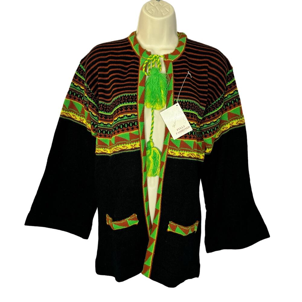 Helen Sue Vtg 70s Southwest Motifs Print Cardigan Tassel Tie Closure Bohemian